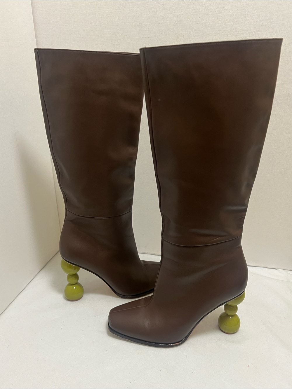 Song of Style Brown Knee Boots with Olive Sculptural Heel